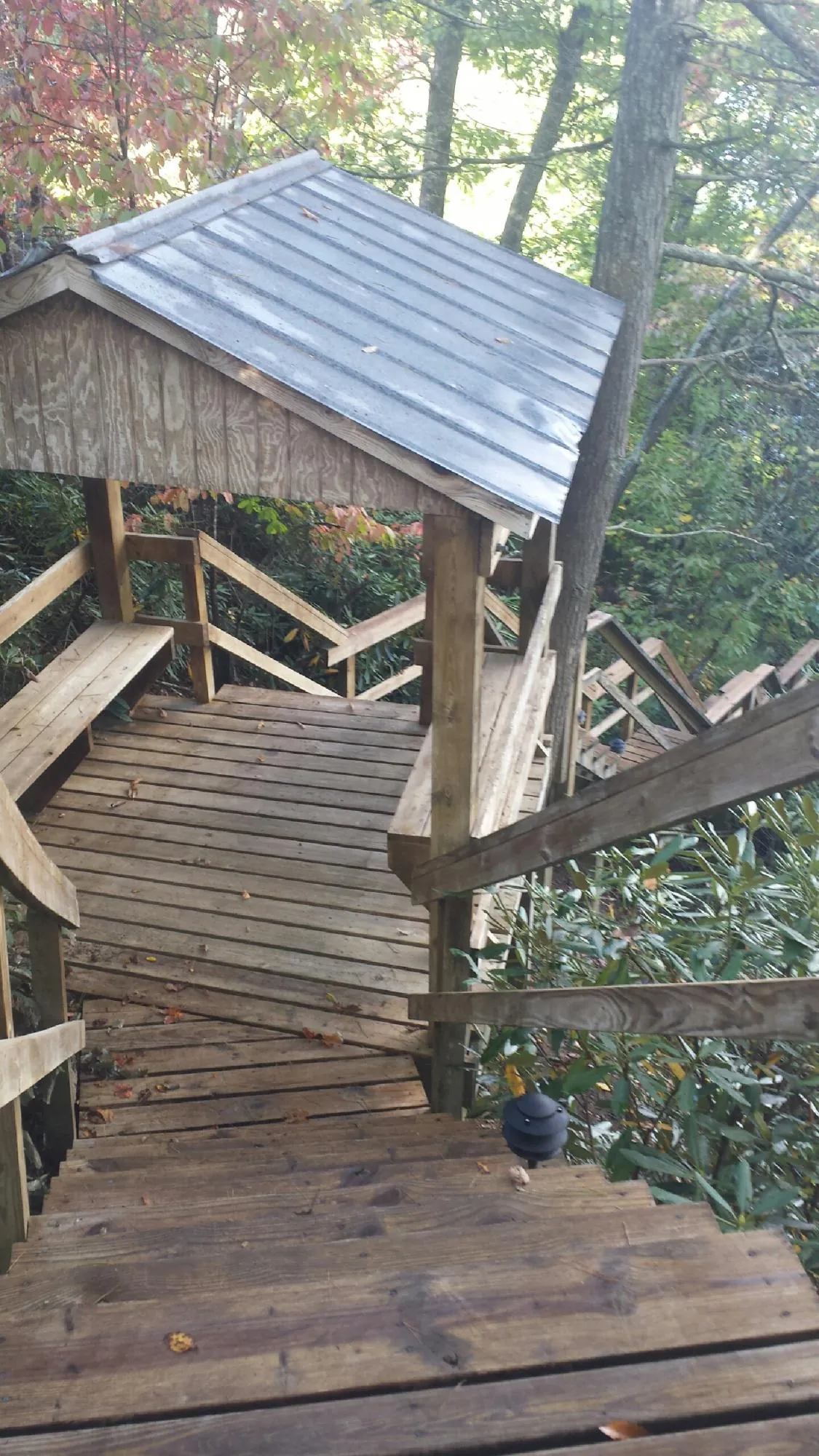 Metal roofed shelter over wooden steps on a wooded walkway — Skylight Repair & Installation work by our crew in Pomona Park